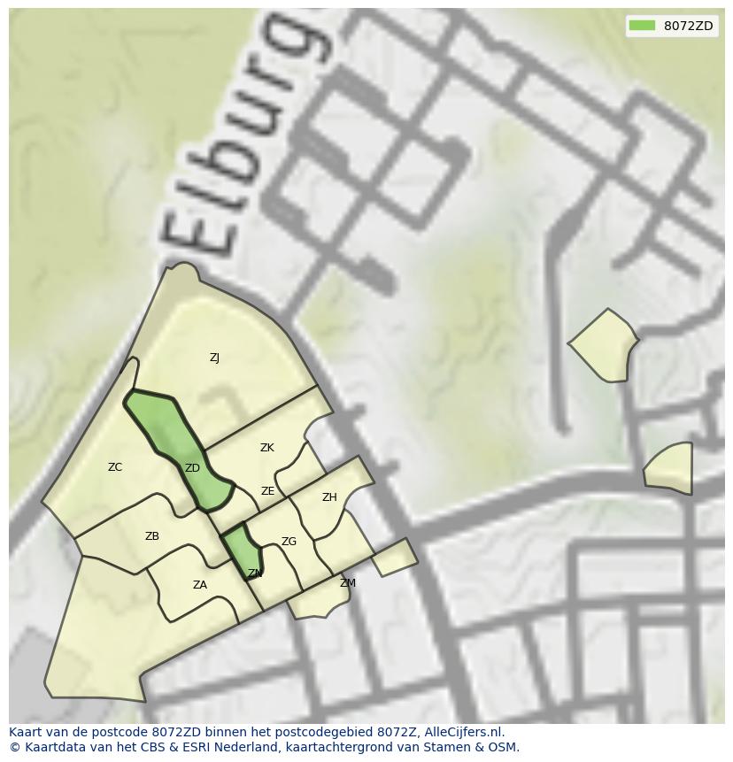Afbeelding van het postcodegebied 8072 ZD op de kaart.