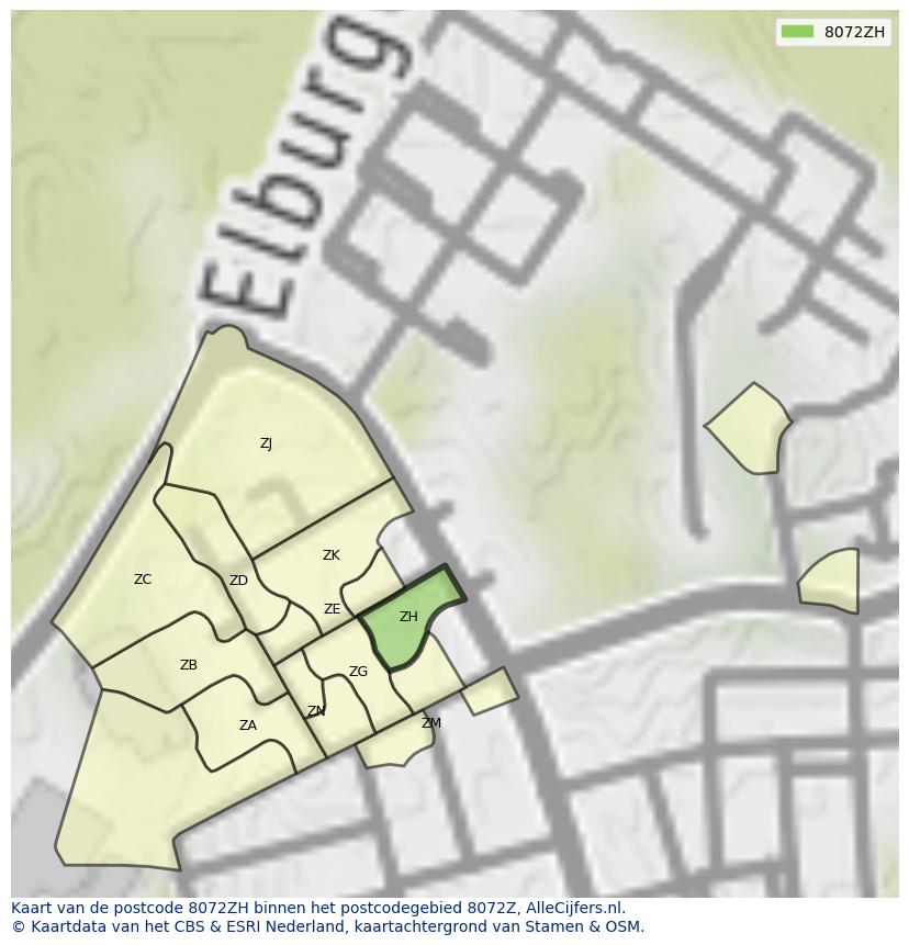 Afbeelding van het postcodegebied 8072 ZH op de kaart.