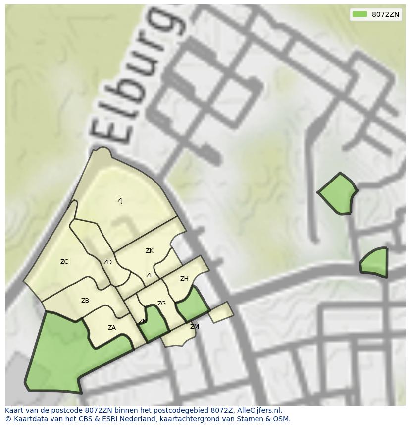 Afbeelding van het postcodegebied 8072 ZN op de kaart.