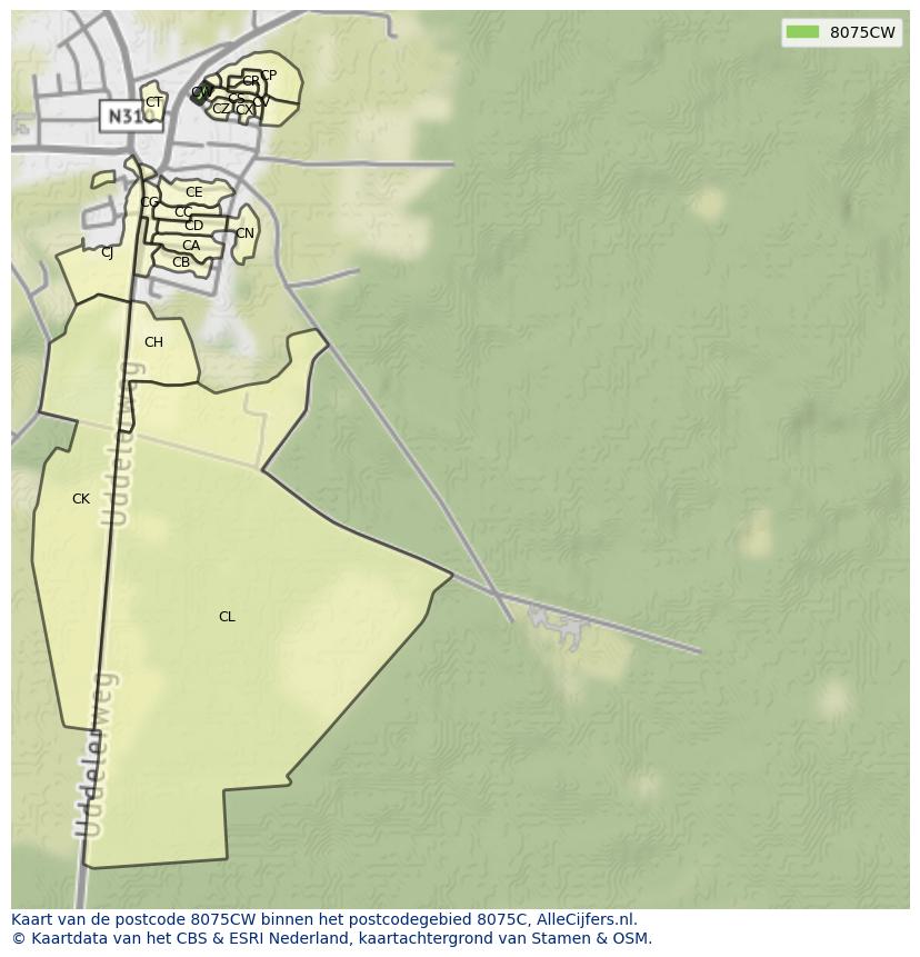 Afbeelding van het postcodegebied 8075 CW op de kaart.