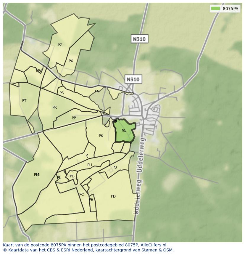 Afbeelding van het postcodegebied 8075 PA op de kaart.