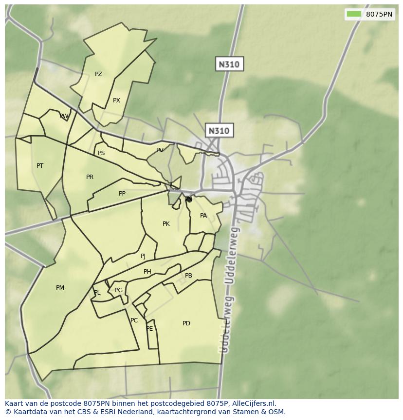 Afbeelding van het postcodegebied 8075 PN op de kaart.
