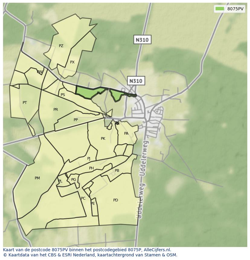 Afbeelding van het postcodegebied 8075 PV op de kaart.
