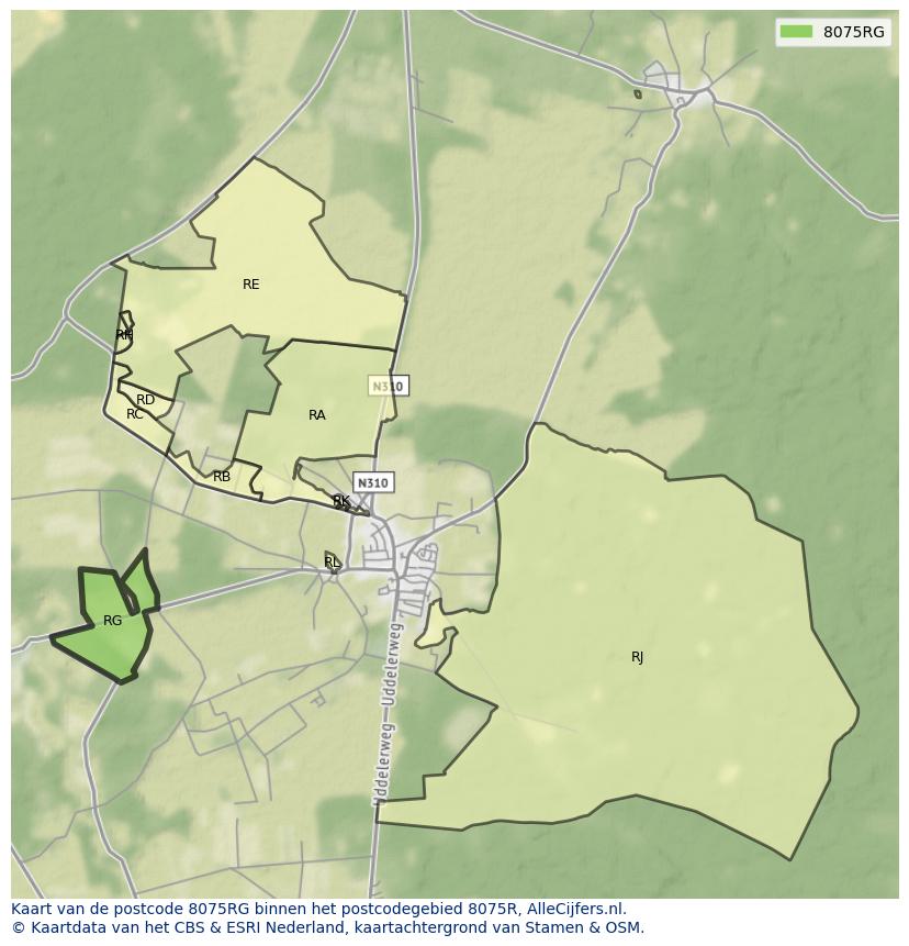 Afbeelding van het postcodegebied 8075 RG op de kaart.
