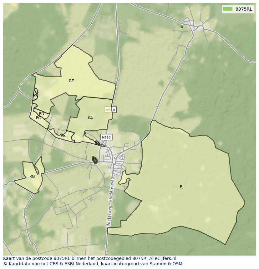 Afbeelding van het postcodegebied 8075 RL op de kaart.