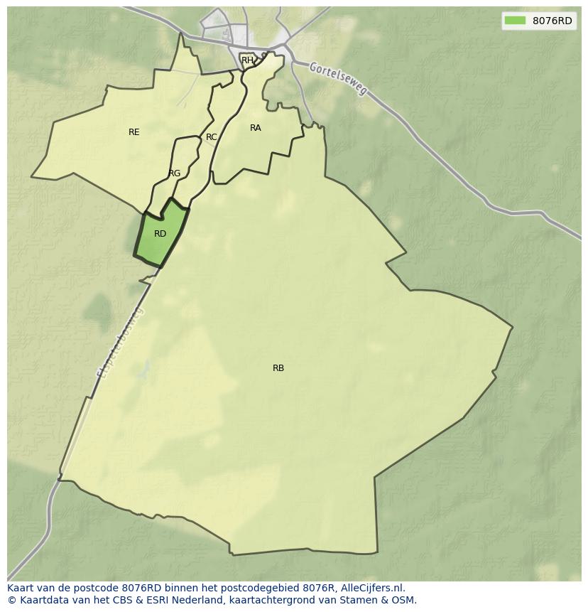 Afbeelding van het postcodegebied 8076 RD op de kaart.