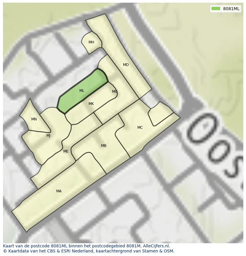 Afbeelding van het postcodegebied 8081 ML op de kaart.