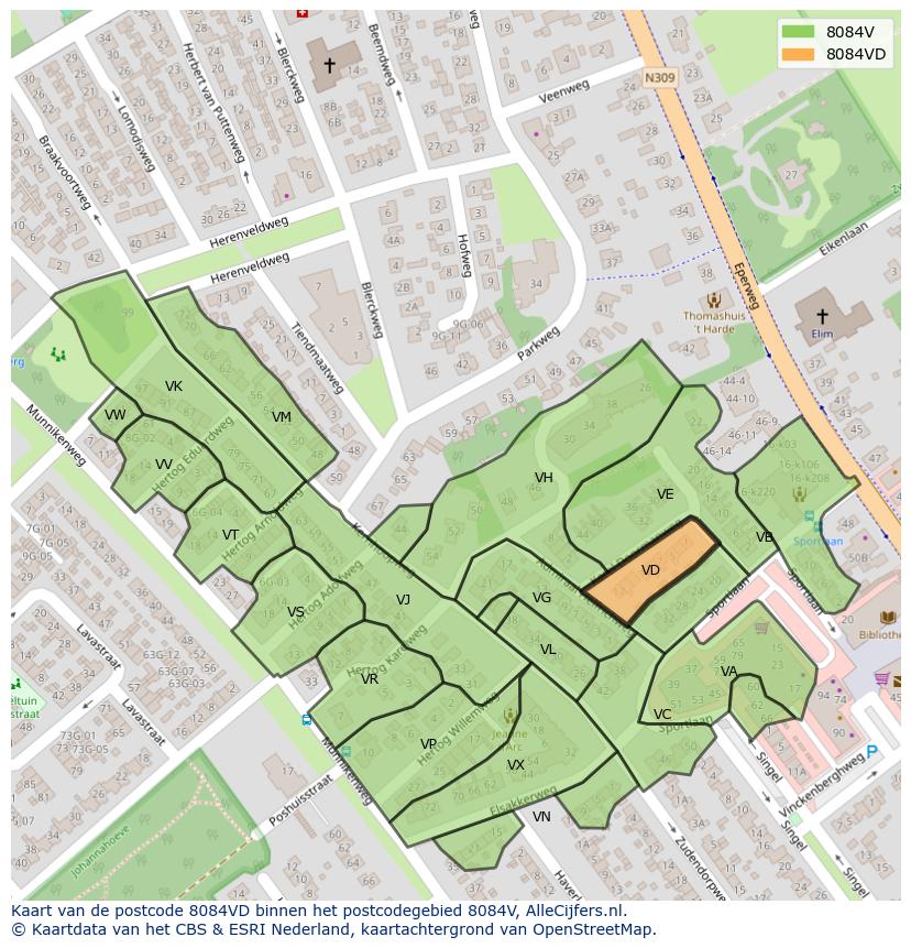 Afbeelding van het postcodegebied 8084 VD op de kaart.
