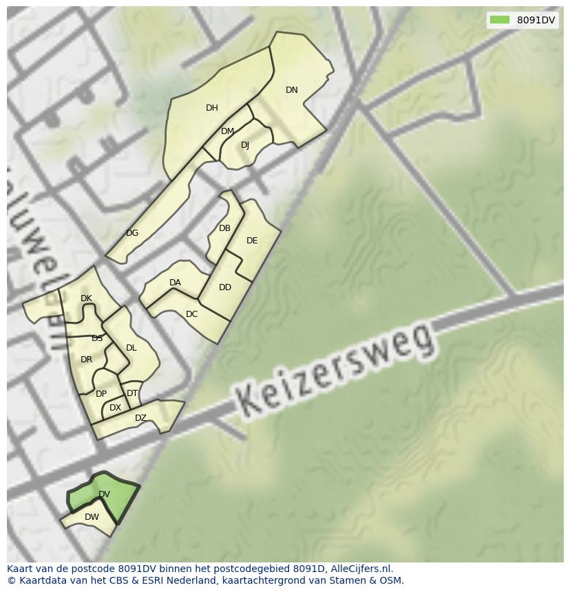 Afbeelding van het postcodegebied 8091 DV op de kaart.