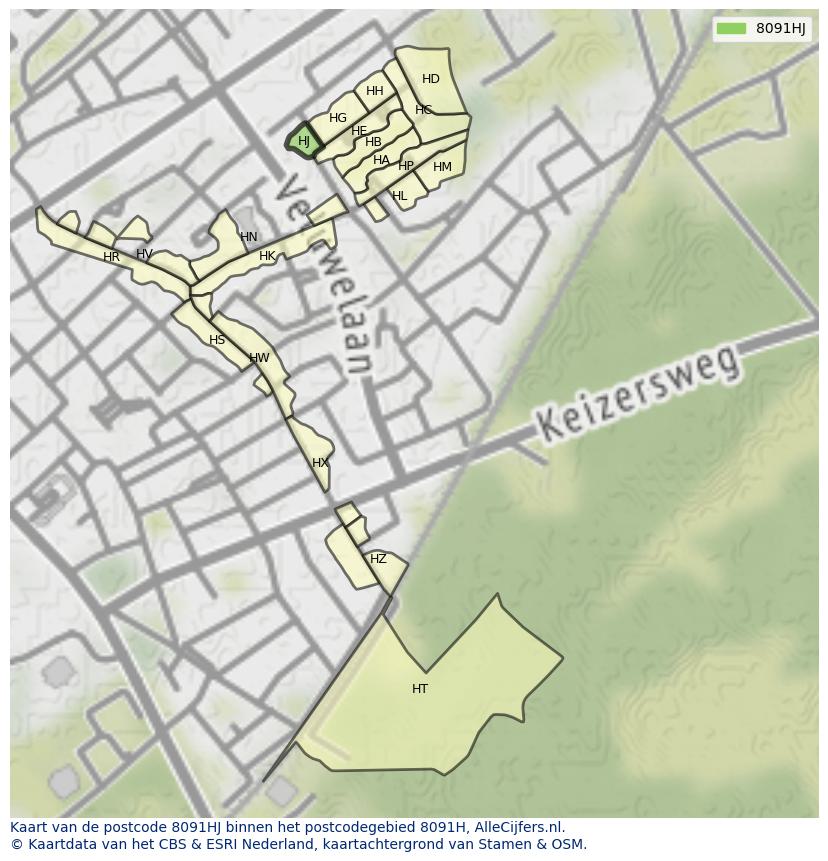 Afbeelding van het postcodegebied 8091 HJ op de kaart.
