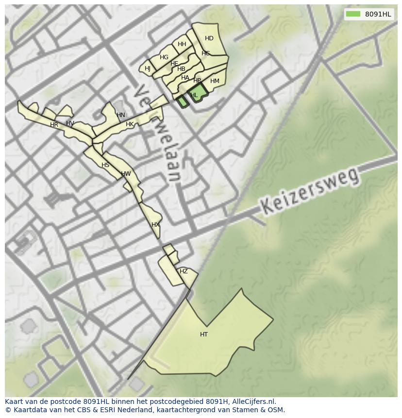 Afbeelding van het postcodegebied 8091 HL op de kaart.