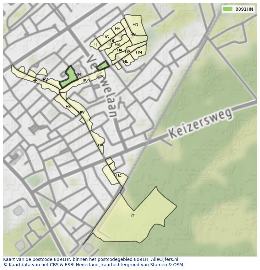 Afbeelding van het postcodegebied 8091 HN op de kaart.