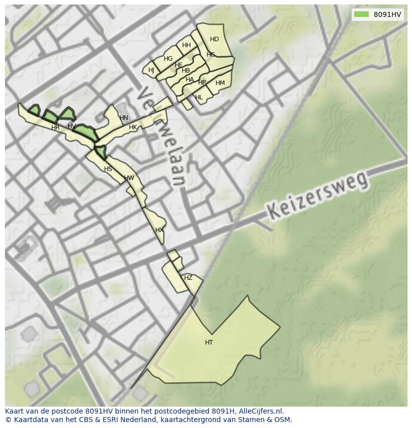 Afbeelding van het postcodegebied 8091 HV op de kaart.