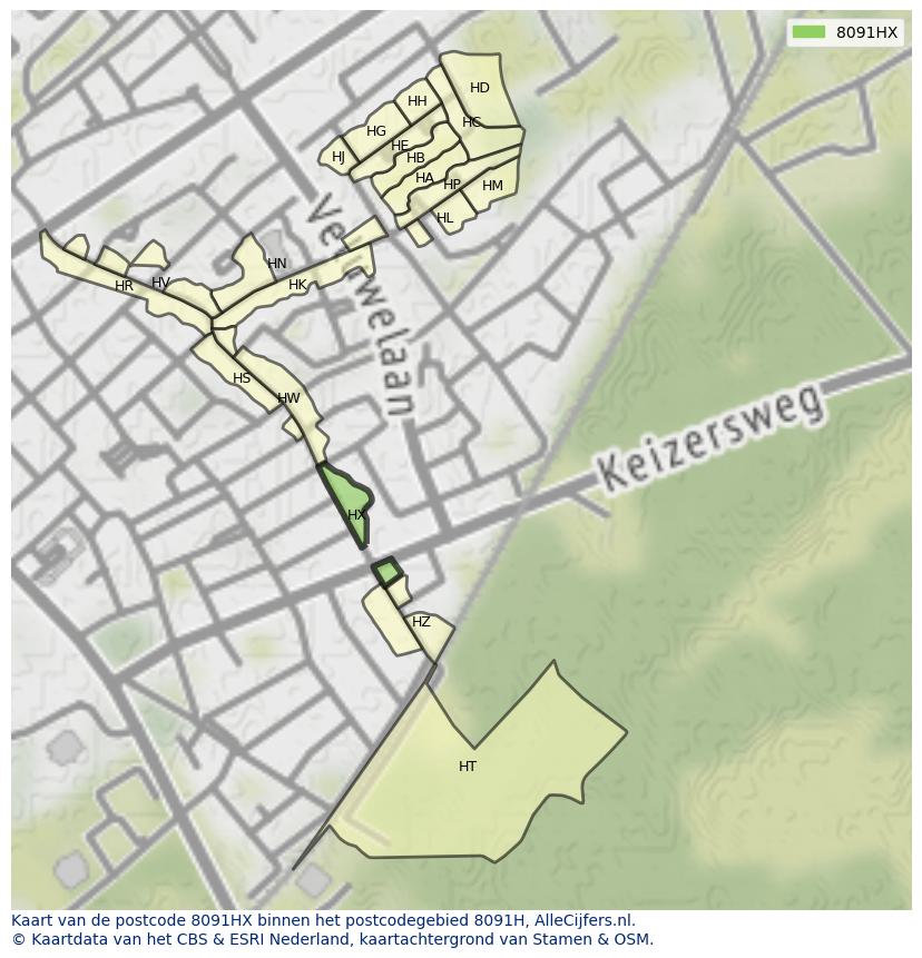 Afbeelding van het postcodegebied 8091 HX op de kaart.