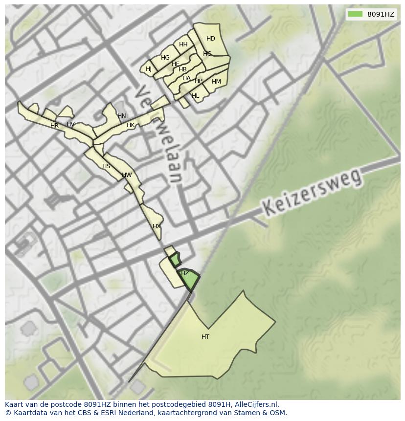 Afbeelding van het postcodegebied 8091 HZ op de kaart.