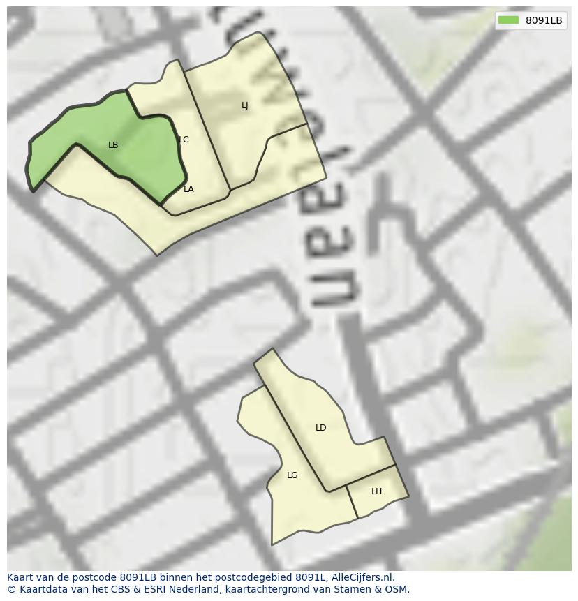 Afbeelding van het postcodegebied 8091 LB op de kaart.