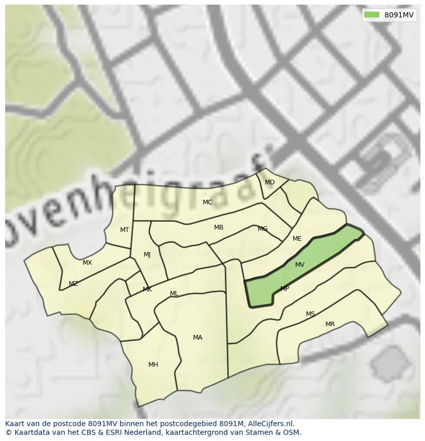 Afbeelding van het postcodegebied 8091 MV op de kaart.