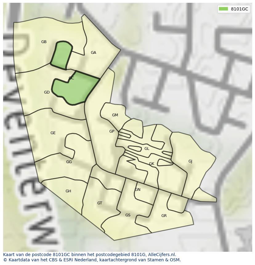 Afbeelding van het postcodegebied 8101 GC op de kaart.