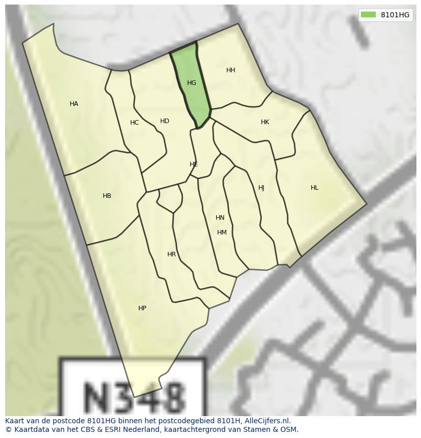 Afbeelding van het postcodegebied 8101 HG op de kaart.