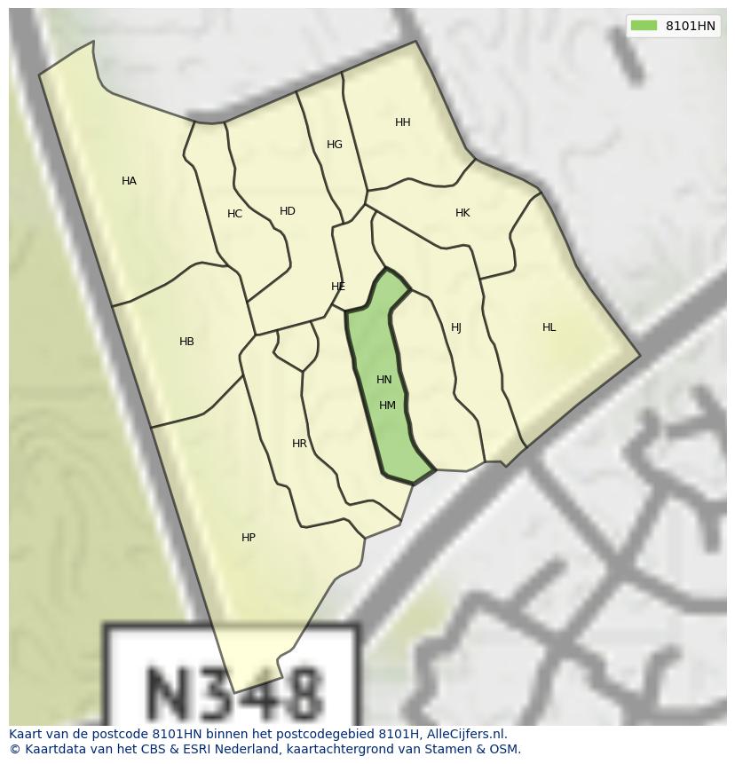 Afbeelding van het postcodegebied 8101 HN op de kaart.