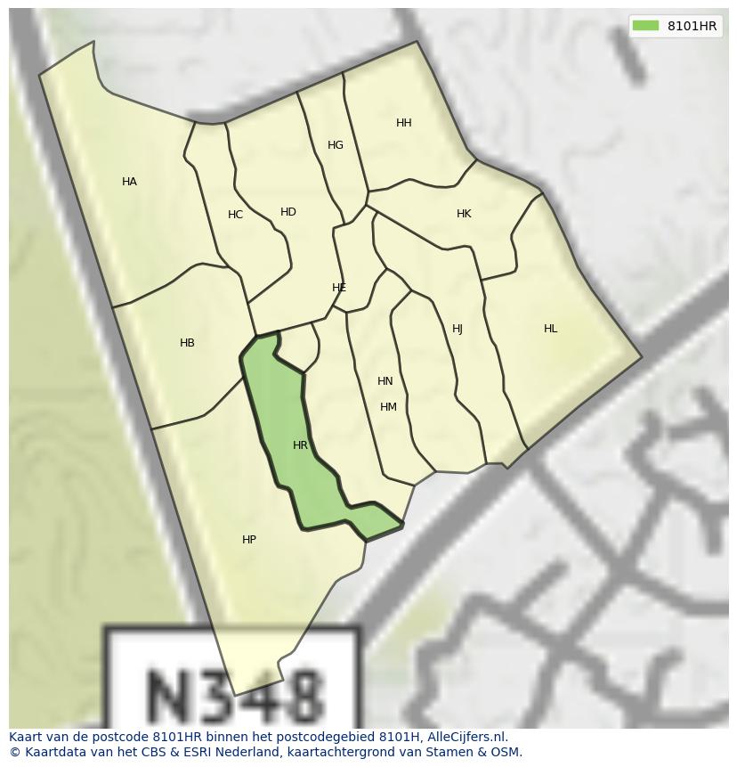 Afbeelding van het postcodegebied 8101 HR op de kaart.