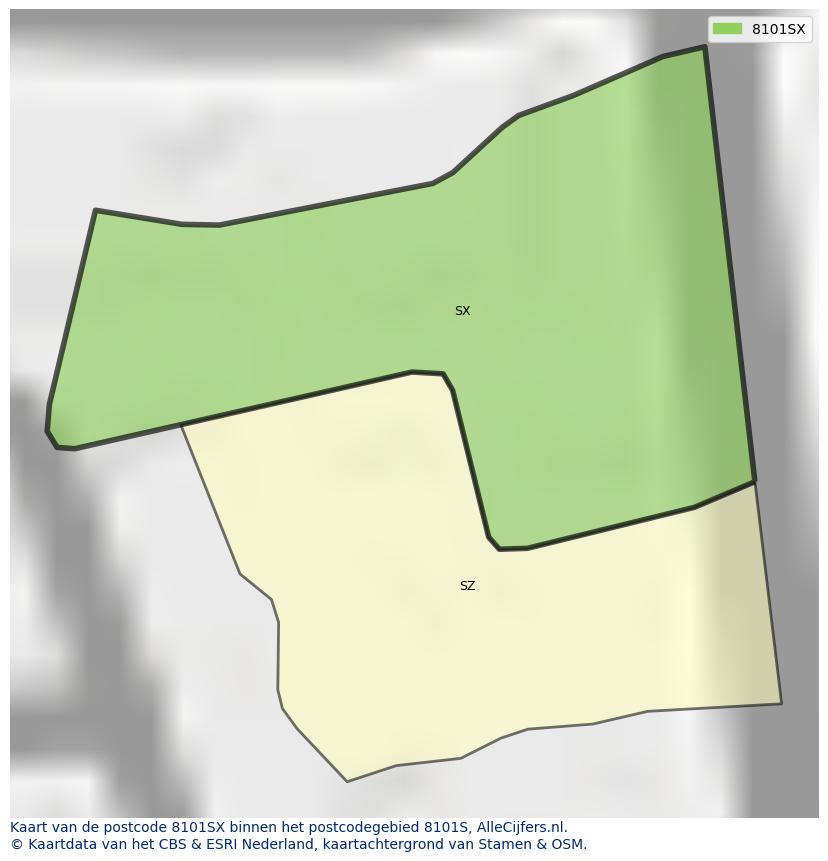 Afbeelding van het postcodegebied 8101 SX op de kaart.