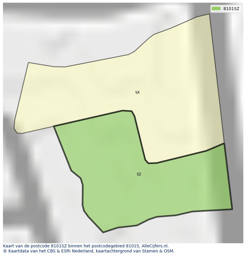 Afbeelding van het postcodegebied 8101 SZ op de kaart.
