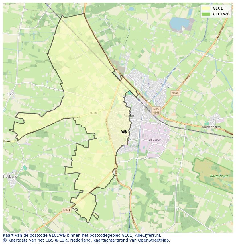 Afbeelding van het postcodegebied 8101 WB op de kaart.