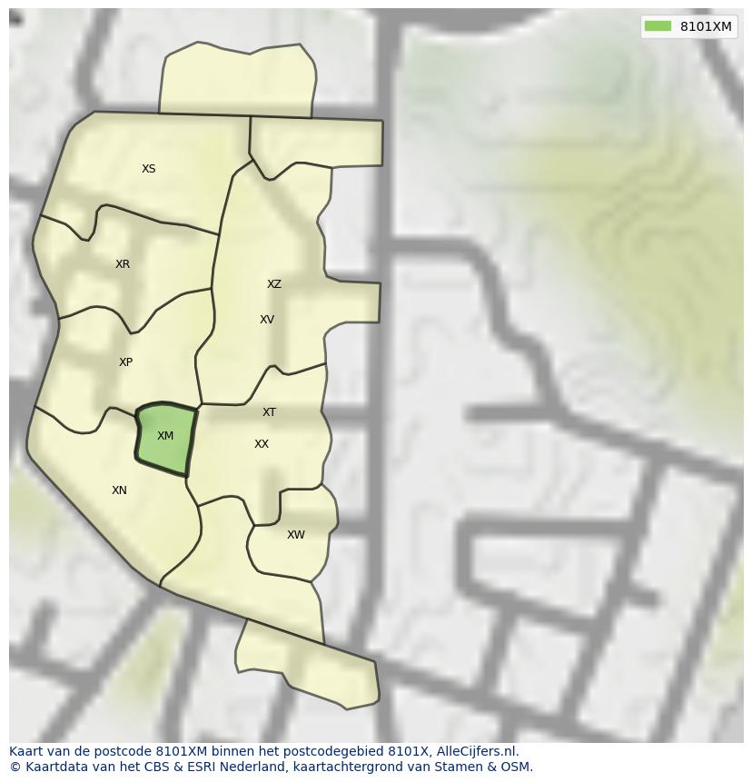 Afbeelding van het postcodegebied 8101 XM op de kaart.