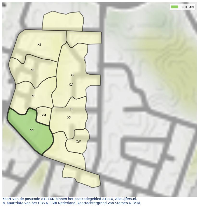 Afbeelding van het postcodegebied 8101 XN op de kaart.