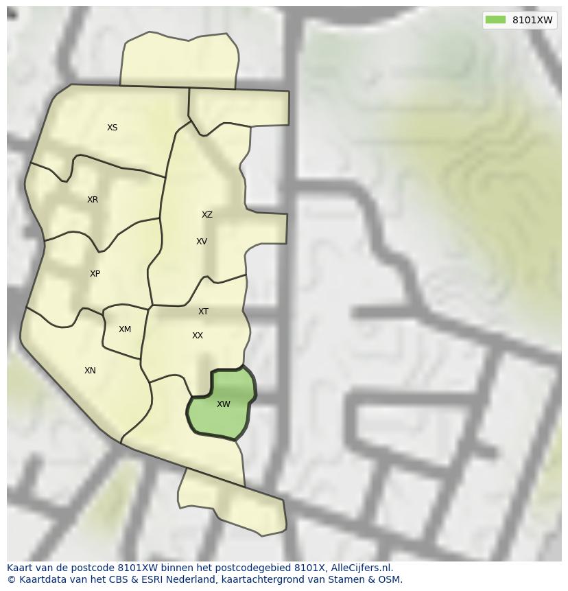 Afbeelding van het postcodegebied 8101 XW op de kaart.