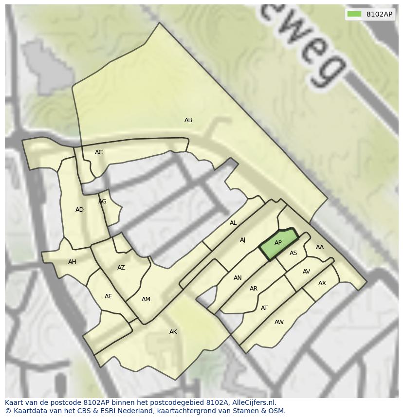 Afbeelding van het postcodegebied 8102 AP op de kaart.
