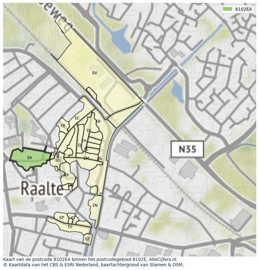 Afbeelding van het postcodegebied 8102 EA op de kaart.