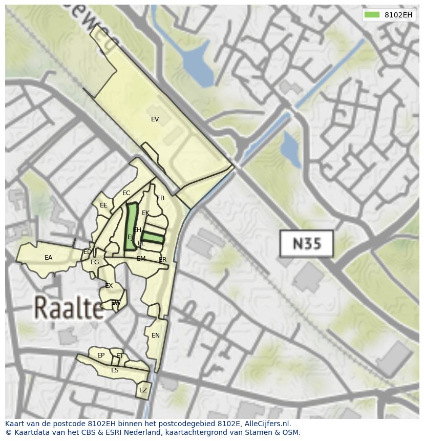 Afbeelding van het postcodegebied 8102 EH op de kaart.