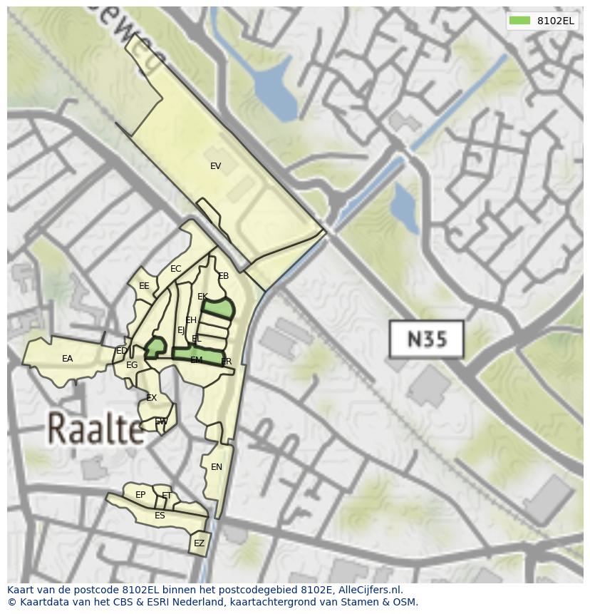 Afbeelding van het postcodegebied 8102 EL op de kaart.