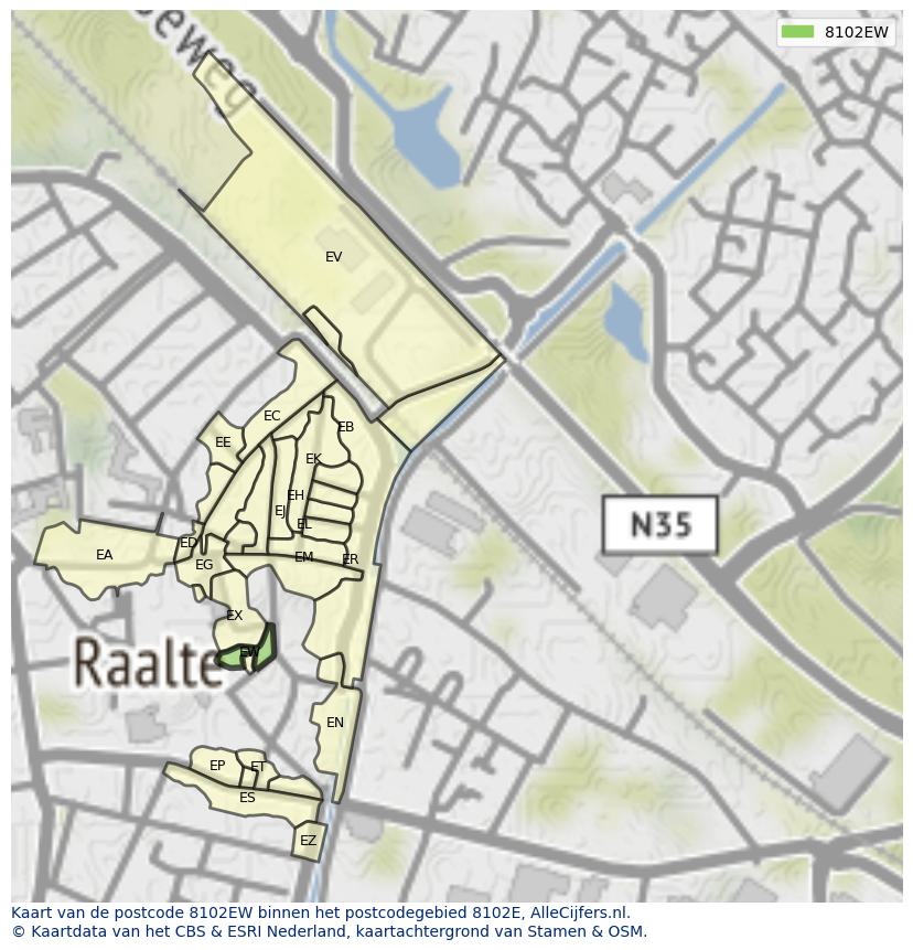 Afbeelding van het postcodegebied 8102 EW op de kaart.