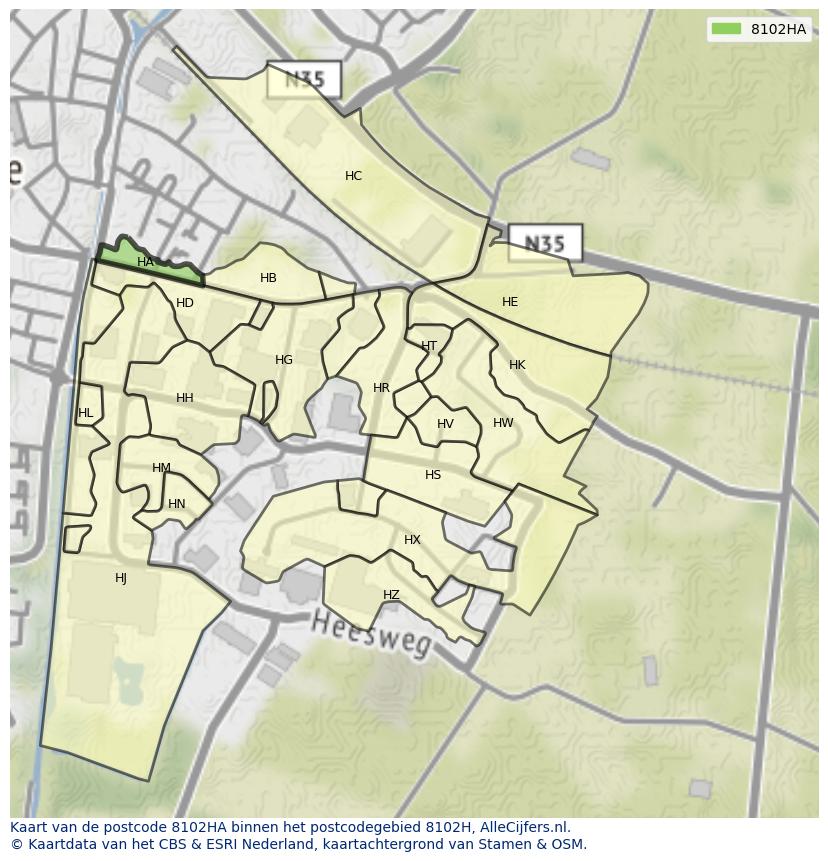 Afbeelding van het postcodegebied 8102 HA op de kaart.