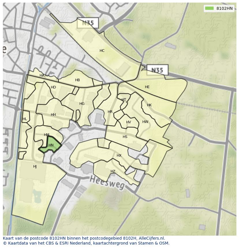 Afbeelding van het postcodegebied 8102 HN op de kaart.