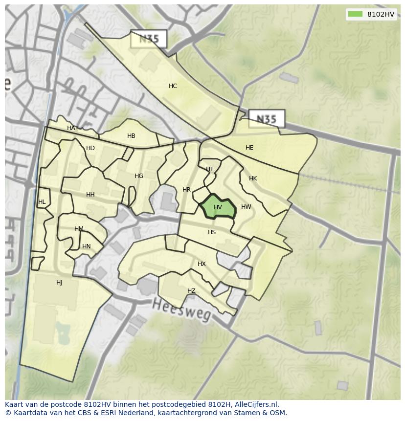 Afbeelding van het postcodegebied 8102 HV op de kaart.
