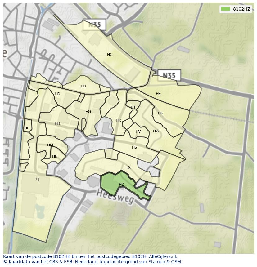 Afbeelding van het postcodegebied 8102 HZ op de kaart.