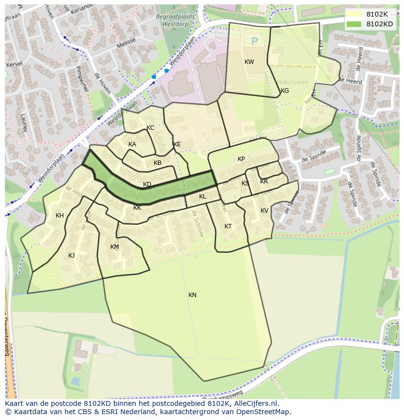 Afbeelding van het postcodegebied 8102 KD op de kaart.