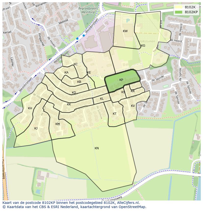 Afbeelding van het postcodegebied 8102 KP op de kaart.