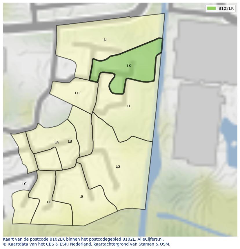 Afbeelding van het postcodegebied 8102 LK op de kaart.