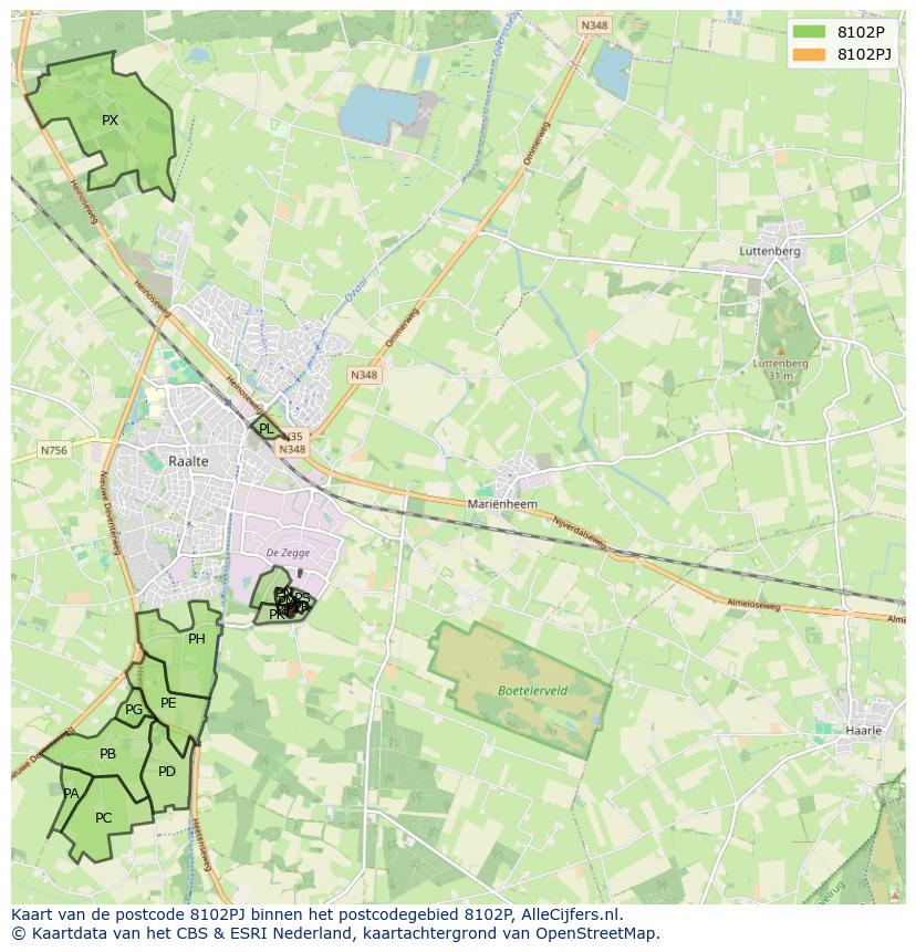 Afbeelding van het postcodegebied 8102 PJ op de kaart.