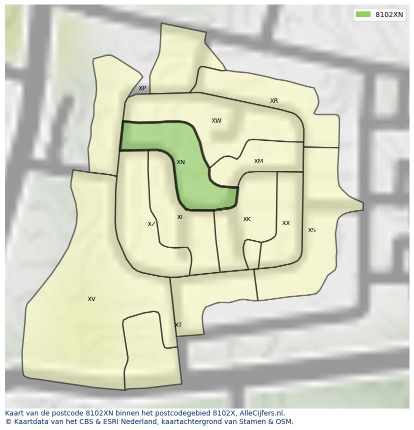 Afbeelding van het postcodegebied 8102 XN op de kaart.