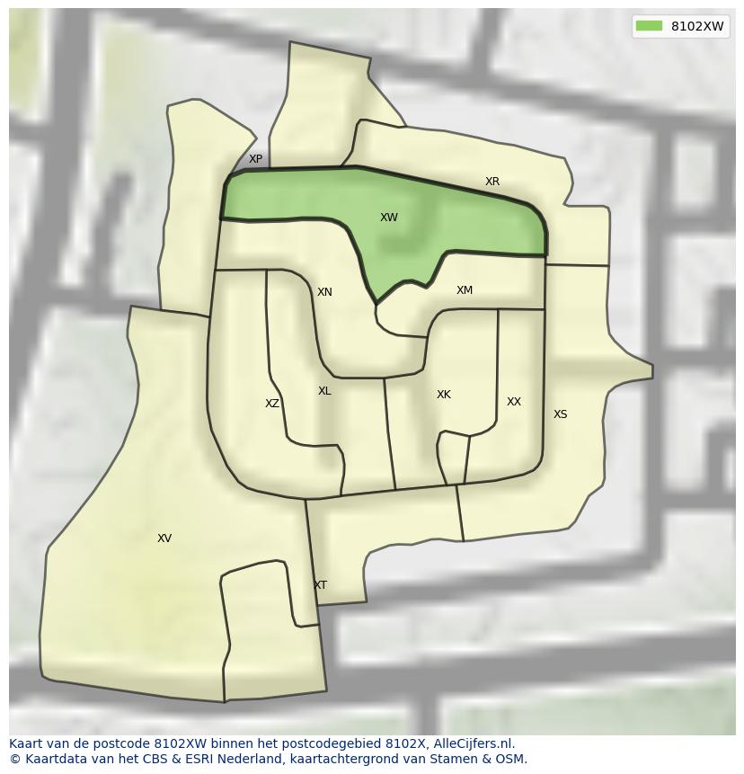 Afbeelding van het postcodegebied 8102 XW op de kaart.