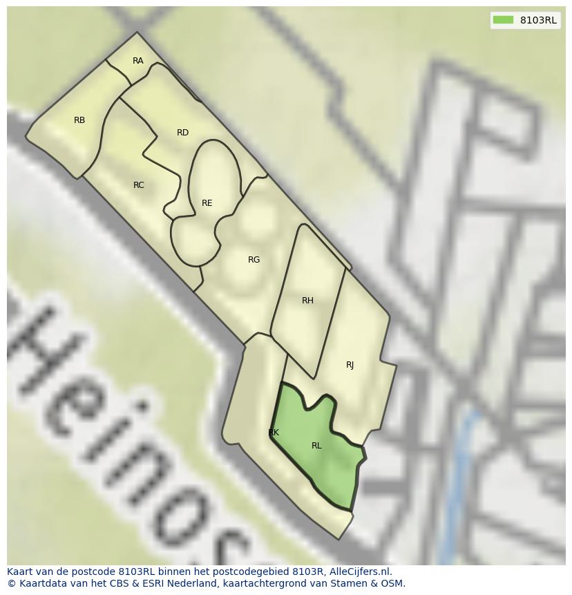 Afbeelding van het postcodegebied 8103 RL op de kaart.