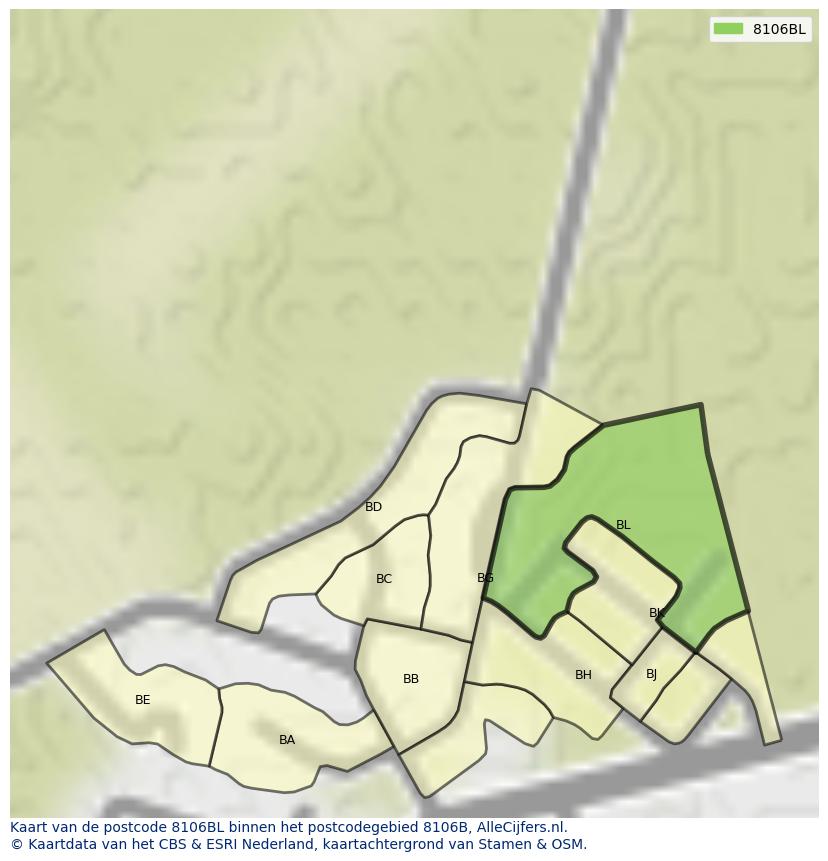 Afbeelding van het postcodegebied 8106 BL op de kaart.