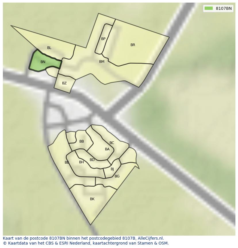 Afbeelding van het postcodegebied 8107 BN op de kaart.