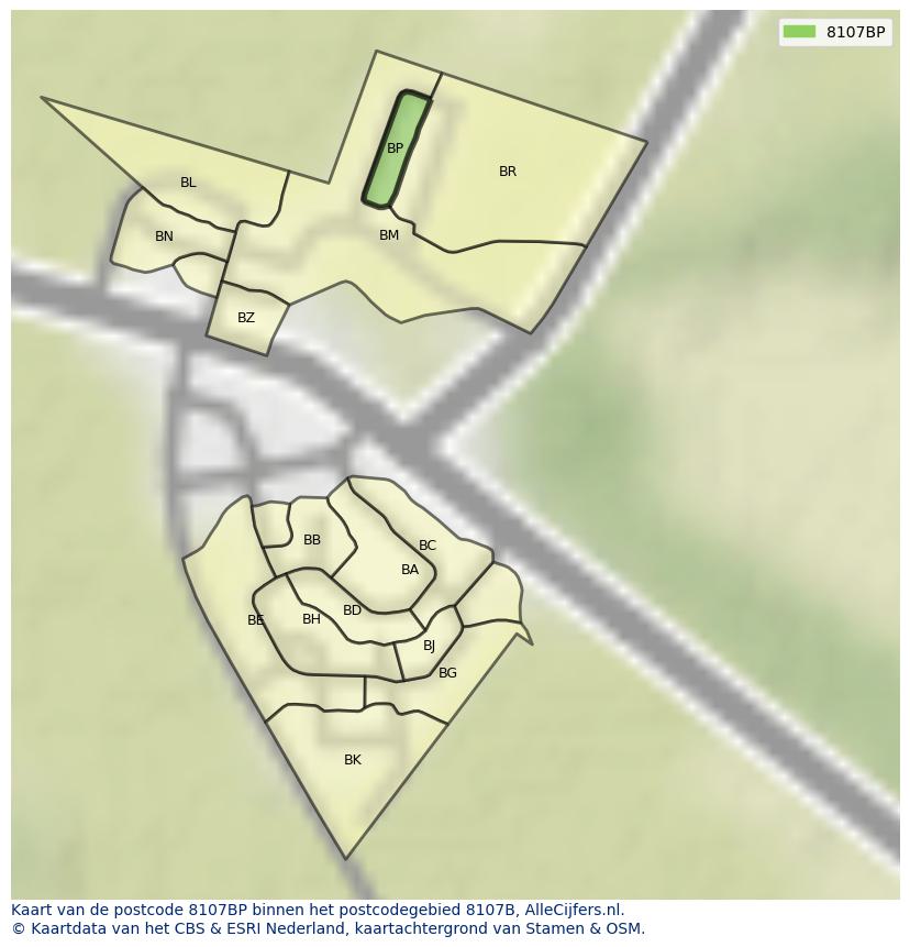 Afbeelding van het postcodegebied 8107 BP op de kaart.